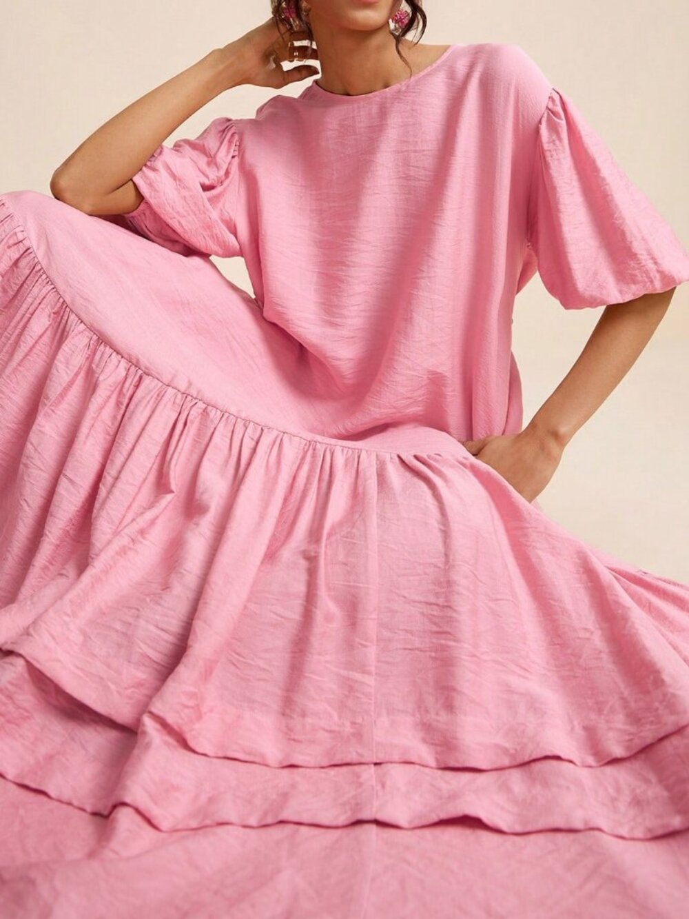 Pink Cute Women's Loose-Fit Ruched Sleeve Round Neck Flare Tiered Maxi Dress